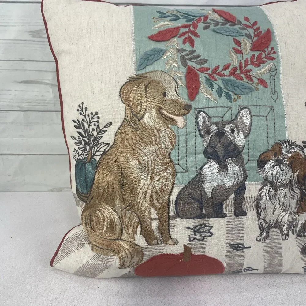 Pier 1 One Embroidered  Autumn Dog  French Bulldog Golden Retriever Pillow